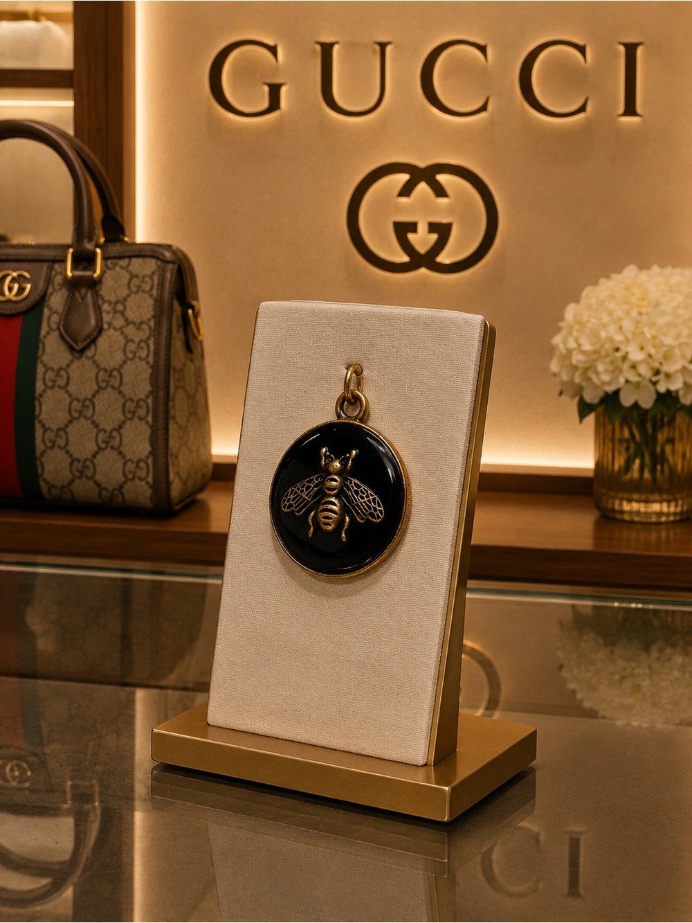 Gucci stamped Large Black & Gold Bee Medallion Charm/ Pendant